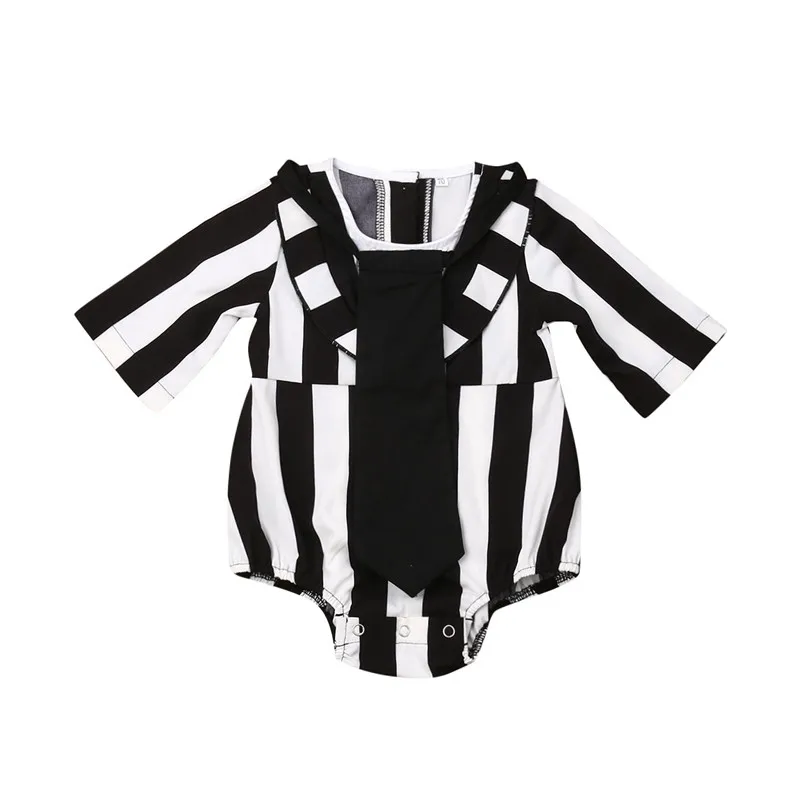 

Stylish Infant Baby Girls sunsuit Clothes Long Sleeve Striped Romper Black and White Ruffles Jumpsuit+Tie Outfit Set