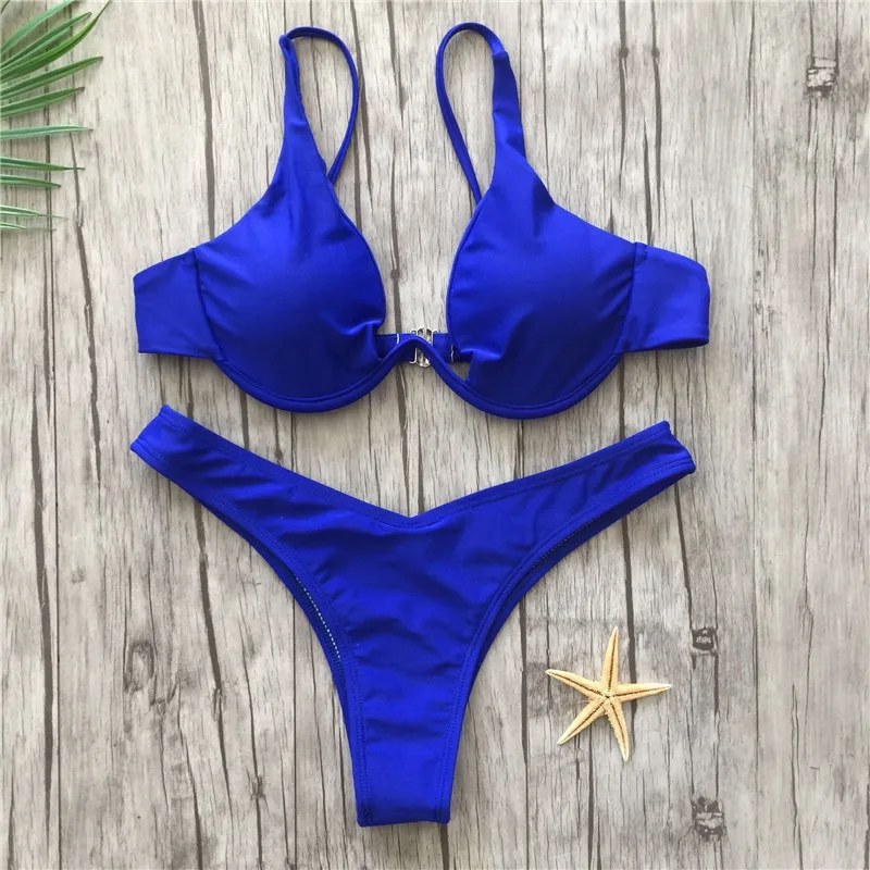 

womens sexy underwire steel push up padded bra top swimsuit deep v bottom bikinis 2018 hot solid maio de praia swimwear 9 color