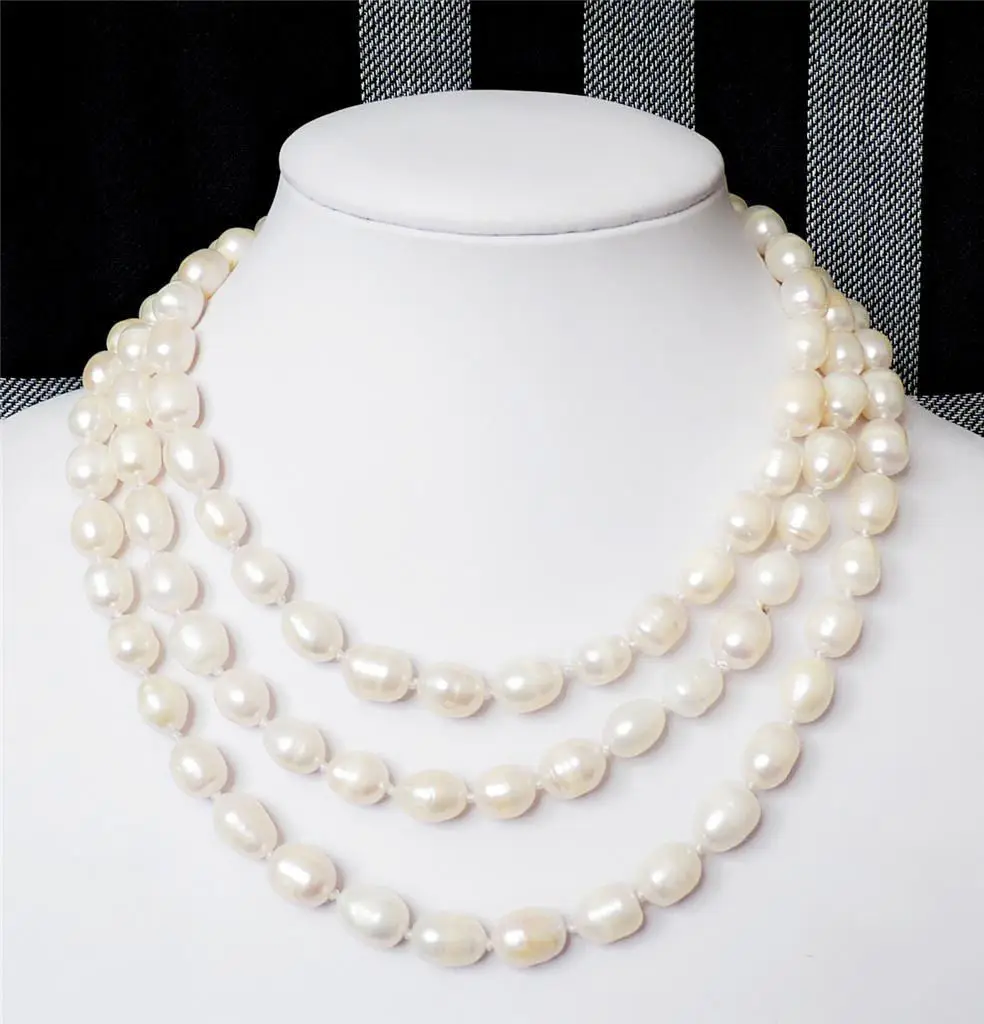 

Hot sale new Style >>>>>9-10MM white Baroque Freshwater Cultured Rice Pearl Necklace 50" LL001
