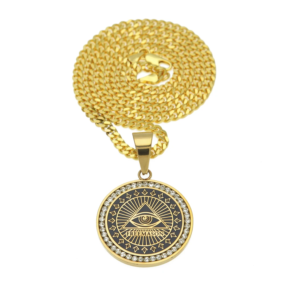 Hip Hop Mens Freemason Pendant Necklace Micro Paved Rhinestone Illuminati All-seeing Eye Replica Coins Round Charming Necklace seeing red