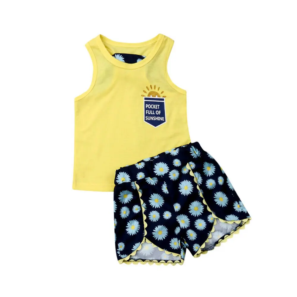 

Children Summer Outfits 2pcs Casual Yellow T-Shirts Top Flowers Short Pants Kids Baby Girl Clothes Set