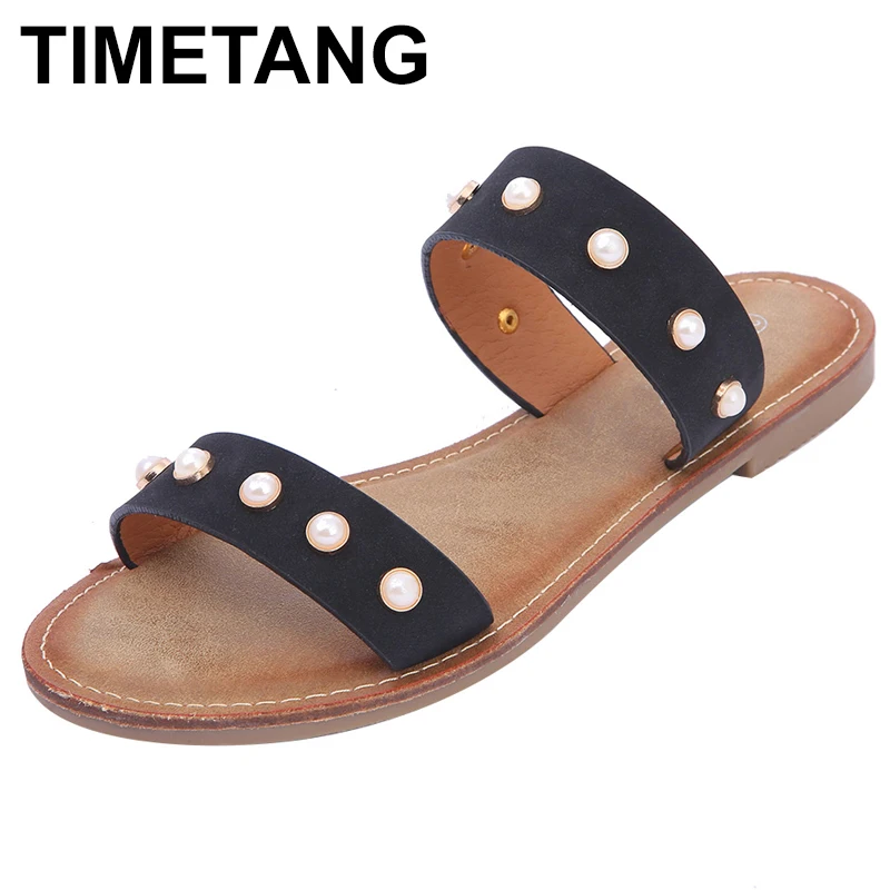 

TIMETANG Flat Shoes Women Slippers Beach Summer Pearl Fashion Shoes Non-slip Soft Rubber SoleWhite Black Mules SlideSandals E443