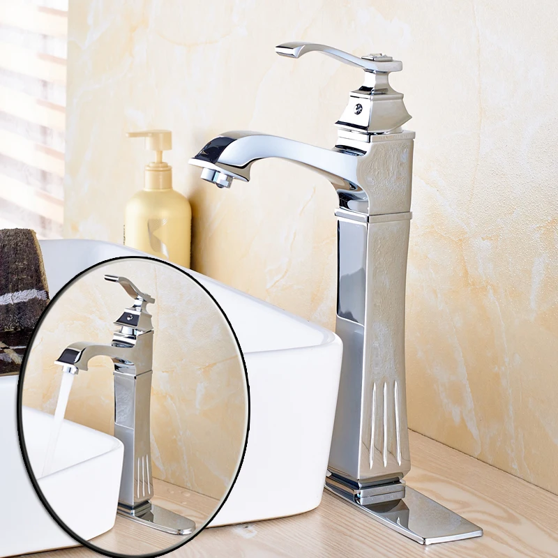 Polished Chrome Basin Sink Faucet Deck Mounted Single Handle Hot and Cold Mixer Water Bathroom Countertop Taps