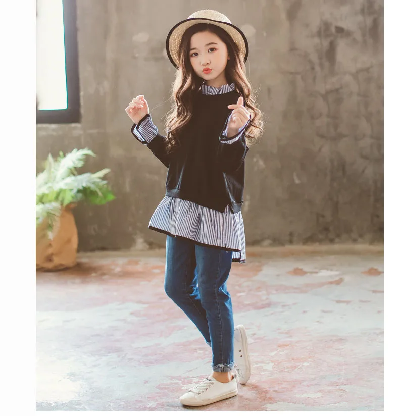 toddler girl outfits 2018 striped patchwork t-shirt tops denim pants clothes kids 2 pcs autumn suits children outfits clothing (10)