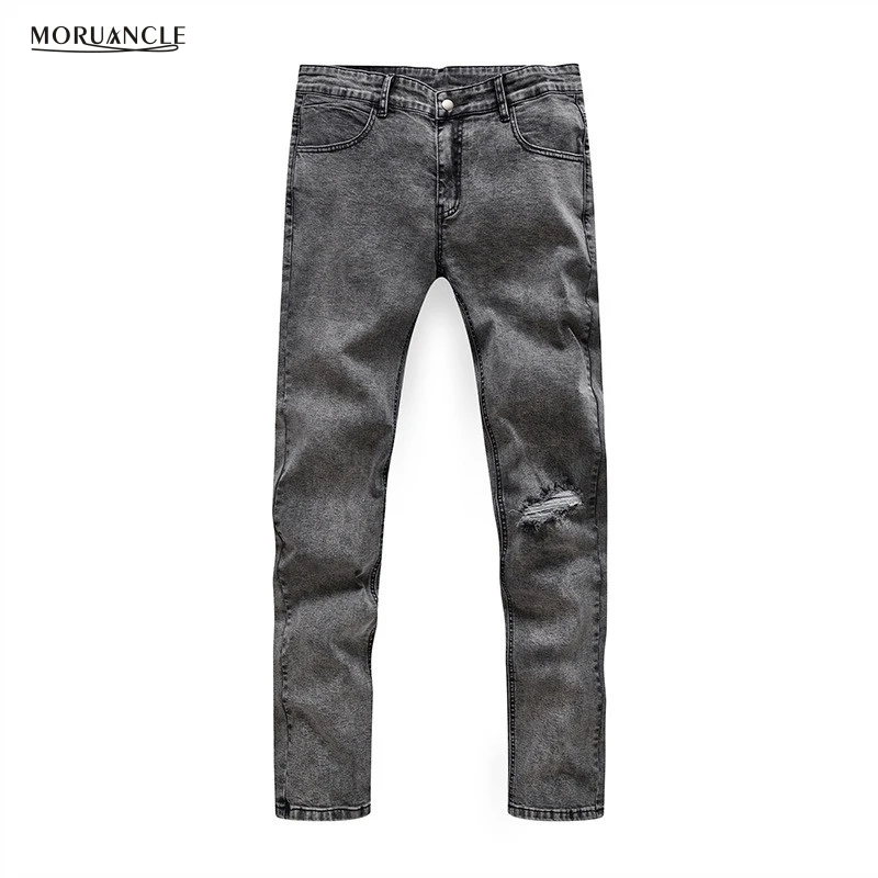 MORUANCLE Men s Solid Ripped Denim Joggers Fashion Strenchy Jeans Pants Male Plain Gray Slim Fit