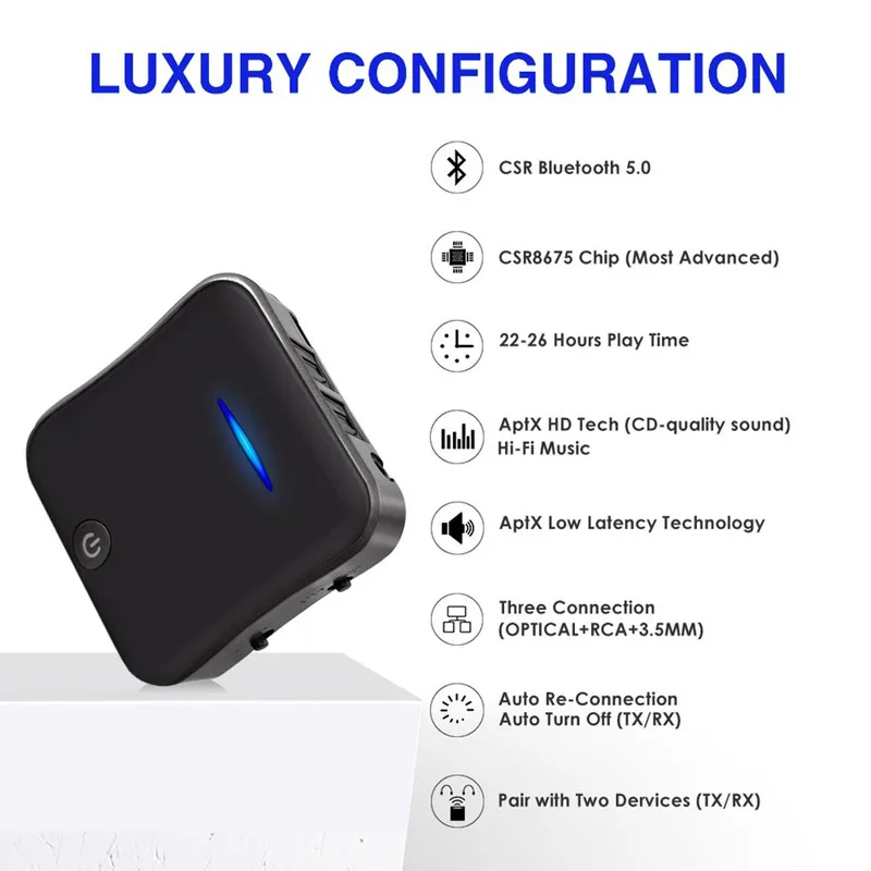Bluetooth 5 0 Transmitter Receiver Wireless aptX HD Low Latency Audio 3 5mm Aux RCA Optical Adapter for TV Headphone Car Pair 2