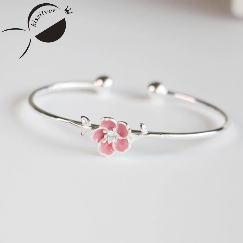 

Kissilver Fresh oriental cherry, pink, diamond, peach, S925 sterling silver, adjustable openings, bracelets, gifts, women