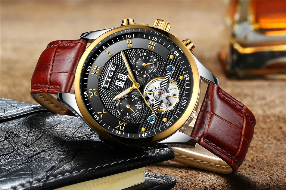 LIGE Fashion Sports Watch Men Business Leather Clock Mens Watches Top Brand Luxury Automatic Mechanical Watch Relogio Masculino