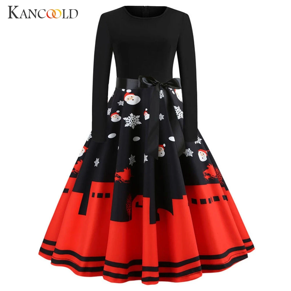 

KANCOOLD Dress Women's Vintage Print Long Sleeve Christmas Evening Party Swing Dresses high quality Casual Dress women 2018NOV30