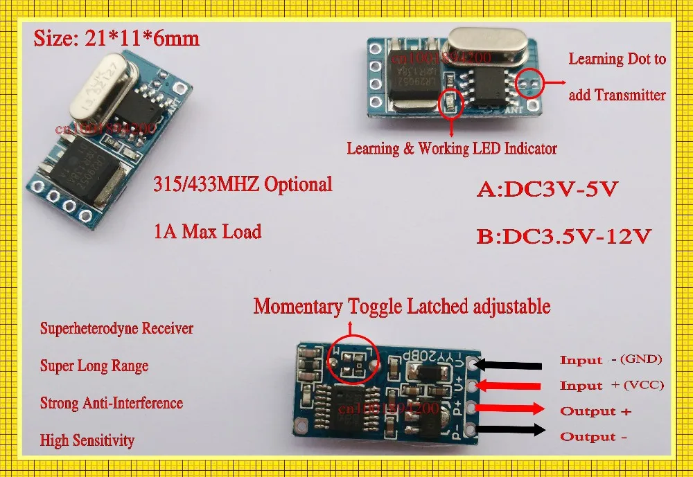 Relay Switch Kit DC 4V 5V 6V7.4V 9V 12V Wireless Remote Control Light Switch Transmitter with One Key Switch Receiver