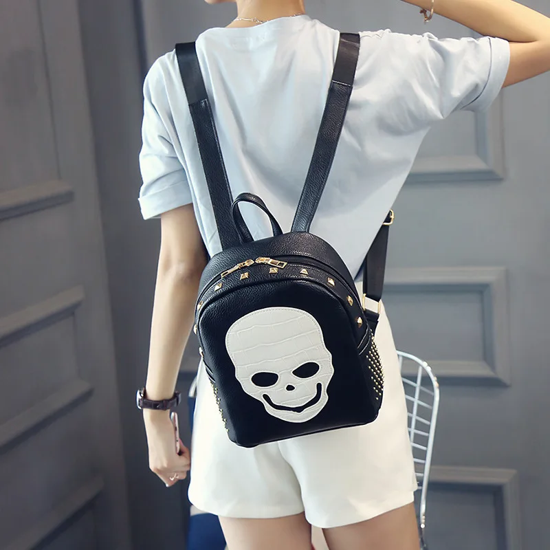 100pcs/lot New Punk Women Pu Leather Rivet Backpacks School Bag Student