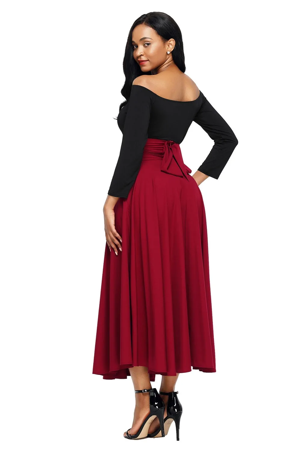 Red-Retro-High-Waist-Pleated-Belted-Maxi-Skirt-LC65053-3-2