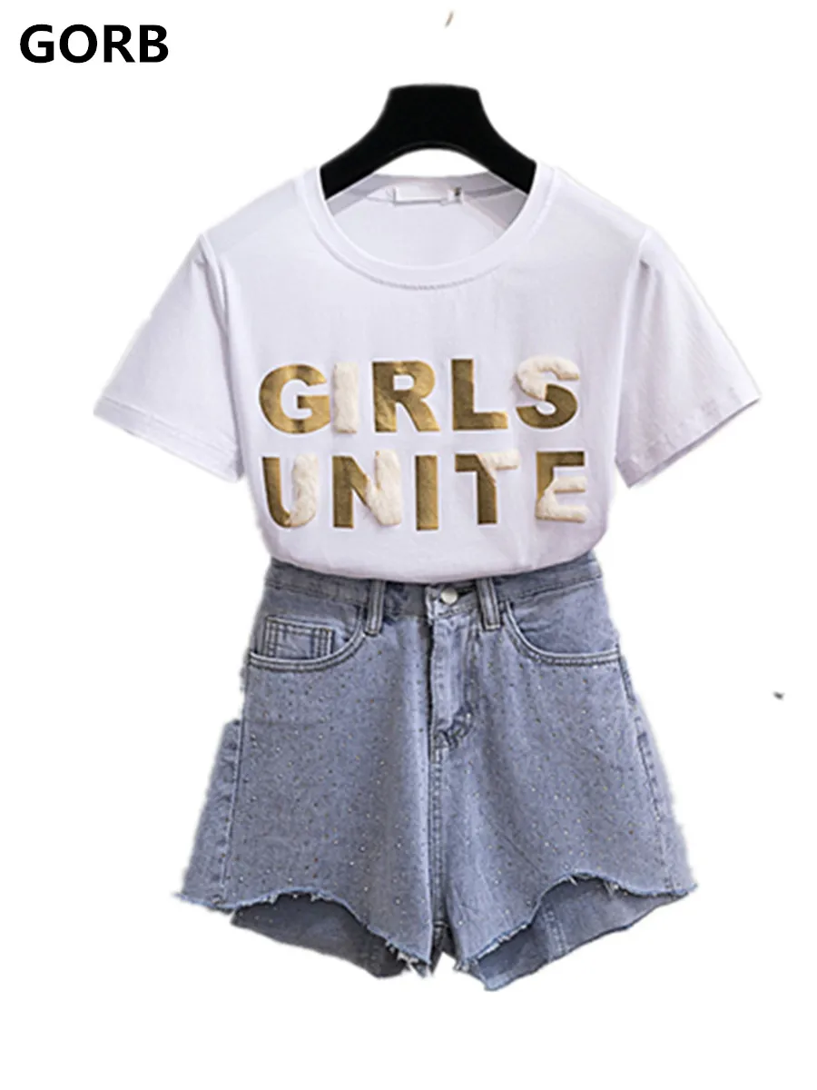 

High Quality Women Printing Letters t shirt Tops + Short jeans 2 Pieces Sets 2019 Summer Runway Hot Denim Drilling Shorts Suits