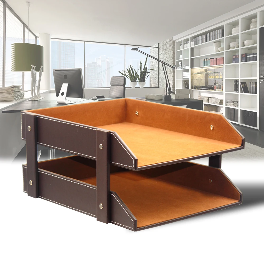 A4 Document File Tray Rack File Organizer Double Layers Desk PU Leather
