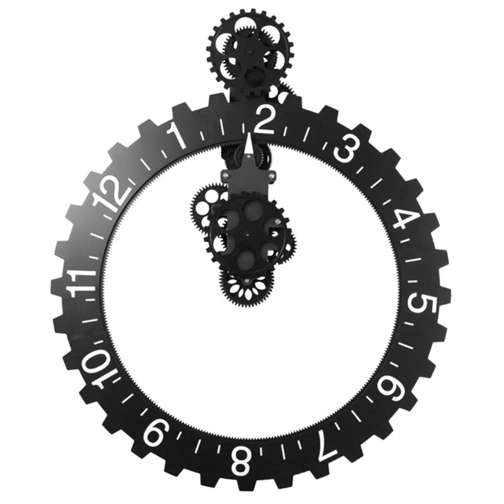 3D DIY Large Wall Rotary Gear Clock Mechanical Calendar Decorative Clock Black for Home Room Decor Office Cafe Display