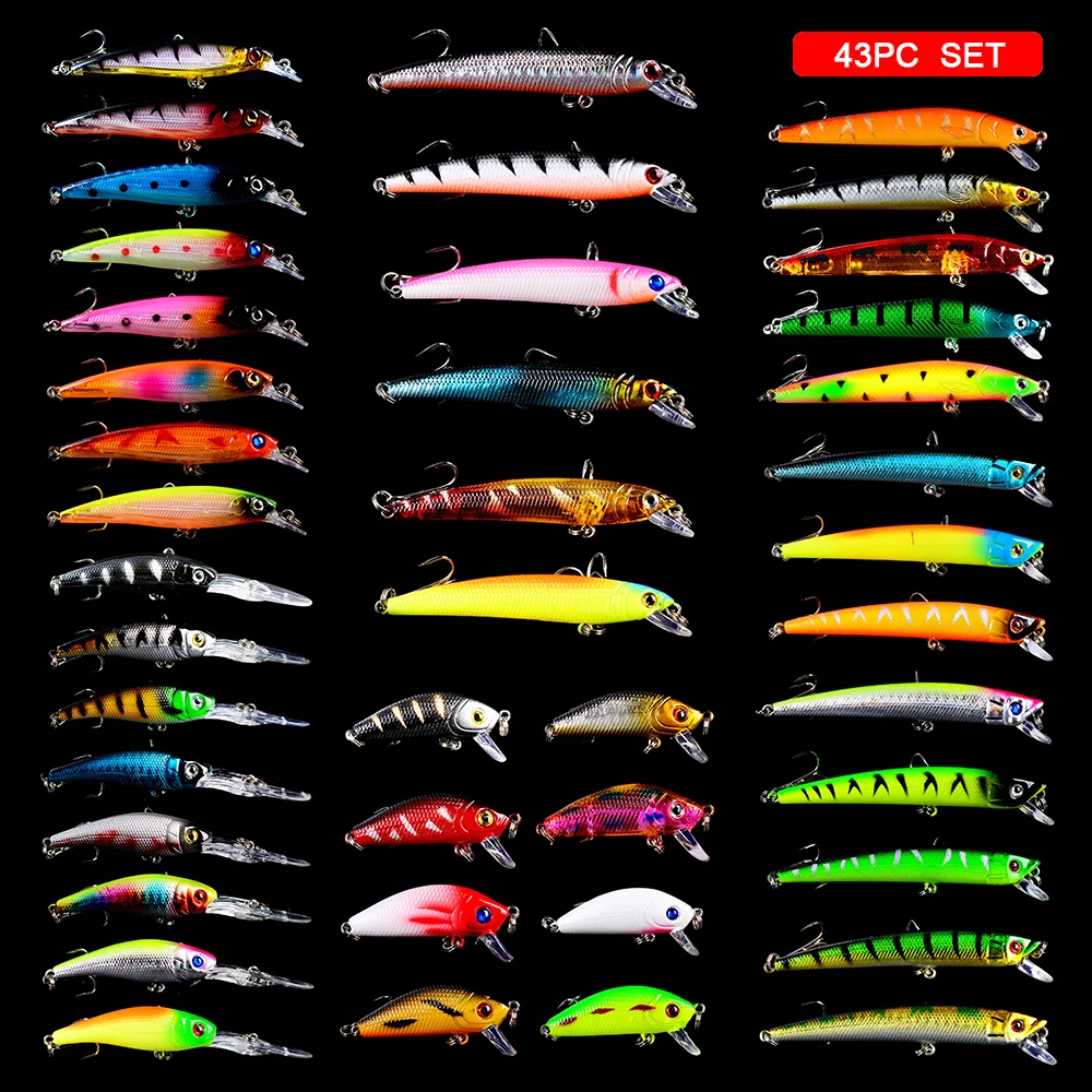 43pcs Fishing Lures Set Bait Mixed Size Tackle Minnow Lures/Popper Lures/Crank