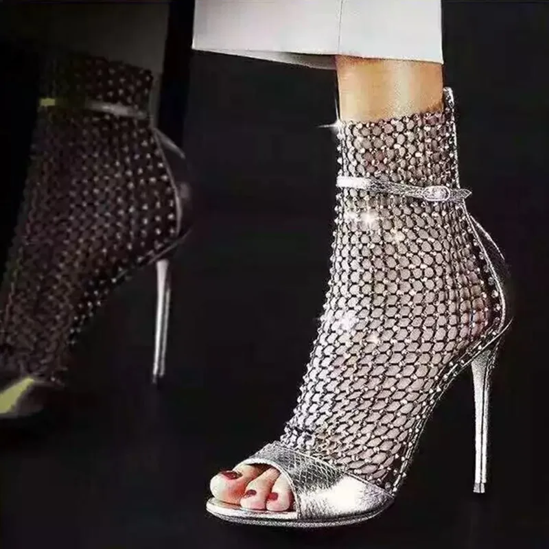 Новинка; дизайнерские женские ботинки; пикантная Летняя обувь с открытым носком; женские туфли-лодочки с украшением в виде кристаллов на высоком каблуке; Botas Mujer; ; ботильоны с вырезами