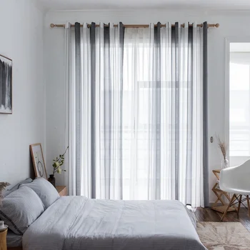 

Nordic Style Grey Simple Fashion Stripe Tulle Curtains For Bedroom Living Room Window Curtains