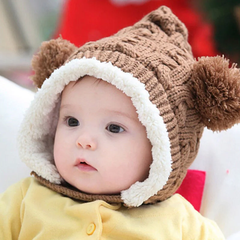Зимняя детская шапка, детская теплая вязаная шапочка для маленьких девочек, шапка с двумя помпонами, милая вязаная шапка для маленьких мальчиков и девочек с ушками