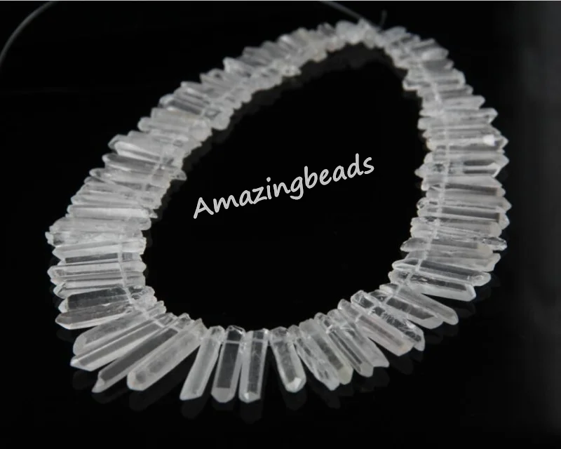 

Approx 65pcs/strand Natural White Clear Quartz Stick Points Bulk,Rough Quartz Raw Crystals Top Drilled Spike Beads Pendants