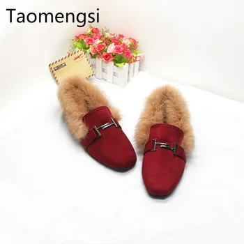 

Taomengsi2018 square head flat bottom rabbit hair velvet cotton ladle shoes small code warm shoes large size women's shoes 31-44
