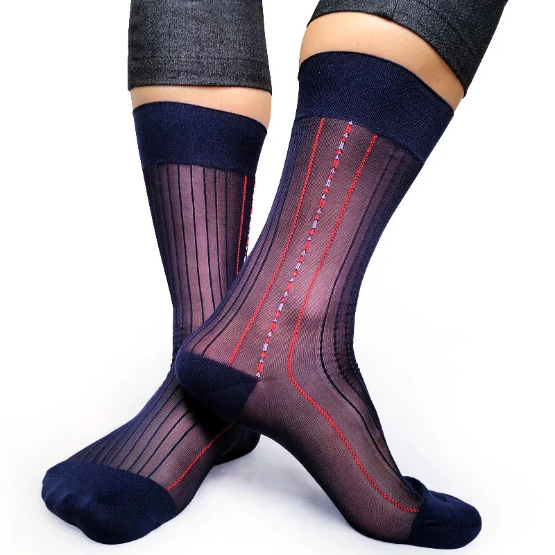 

Sheer Thin Sexy Formal Mens Silk socks Nylon Gay Male Man See Through Dress Suit Socks For Business Striped Socks Hose