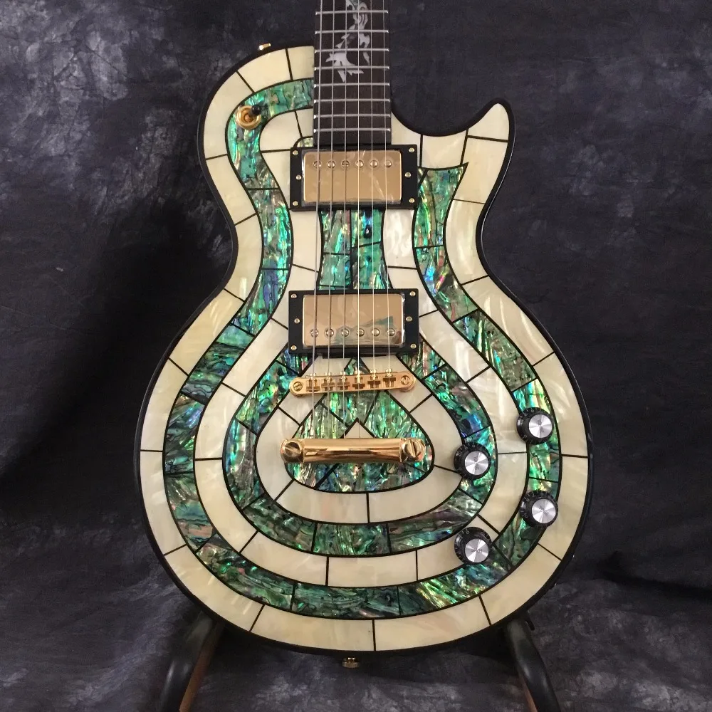 Free Shipping Custom Shop Abalone Inlay Electric Guitar with Dragon Inlay Customized on Fretboard Available fretboard markers inlay sticker decals for guitar bass space invaders white pear color