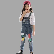 Джинсовые Модные комбинезоны для девочек, лоскутные геометрические детские комбинезоны осенне-зимняя подростковая одежда для девочек 6, 8, 10, 12, 14 лет