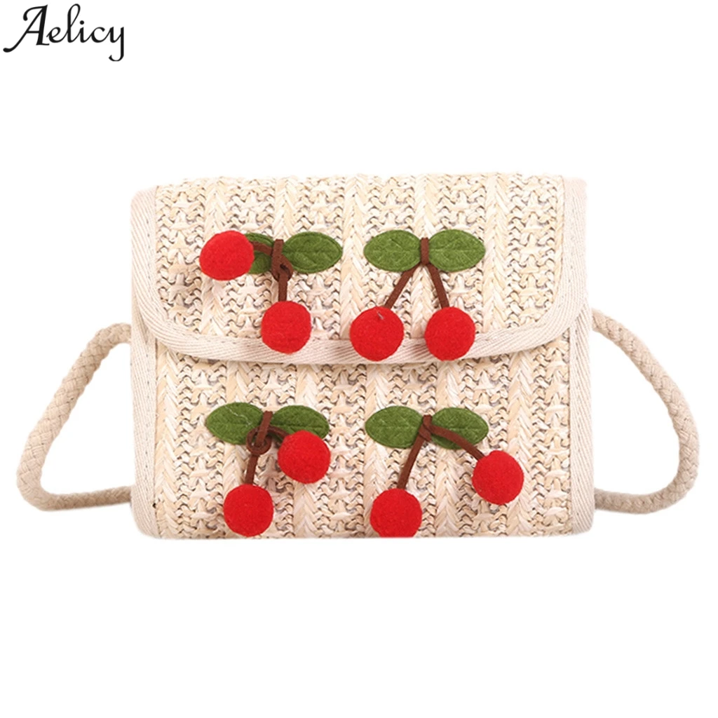 

Aelicy Women's Fashion Cherry Appliques Straw Messenger Bag Lady Versatile Simple Beach Beige Crossbody Bag Casual Satchels