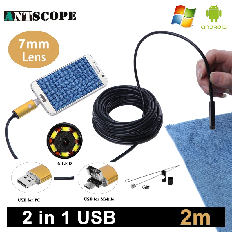

Antscope 7mm 2M Android Endoscope USB And MircoUSB 2in 1 Camera Golden Snake Tube Computer Phones Boroscope Camera Endoscopio 45