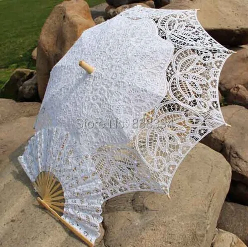 Hot sale Royal Vintage Battenberg Lace Parasol Sun Umbrella & Fan in White Ivory Handmade for Wedding High Quality | Свадьбы и