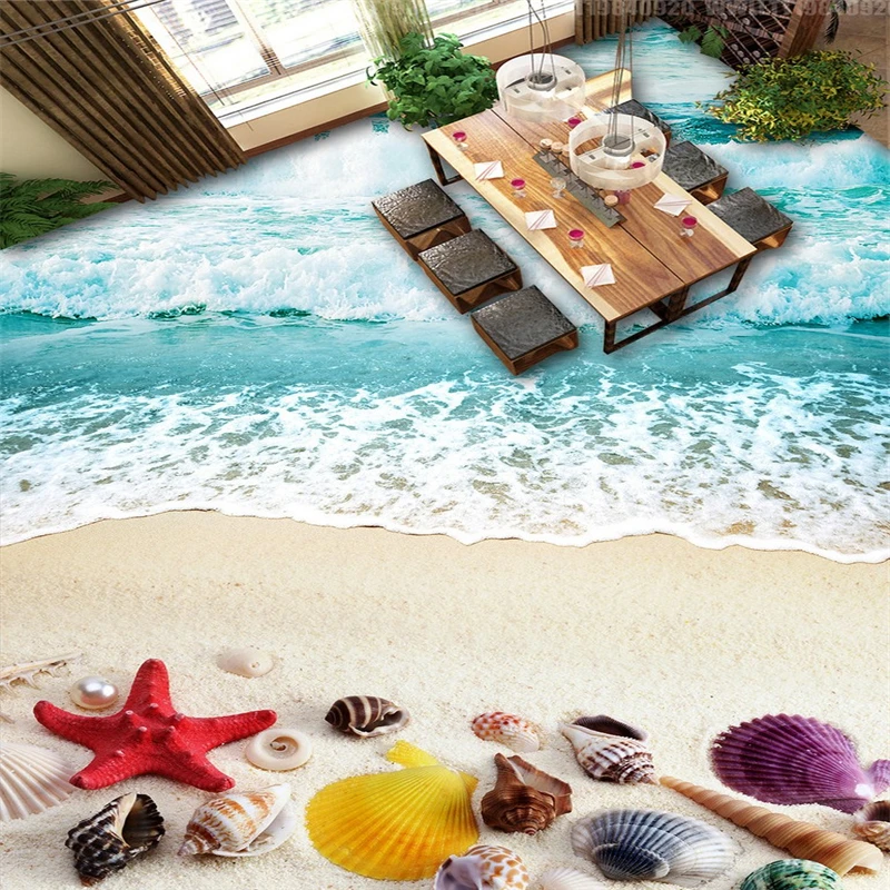 

Custom beach shells 3D Floor wall paper Stickers Hotel Bathroom 3D Self adhesive Non-slip Wear Waterproof Floor Mural Wallpaper