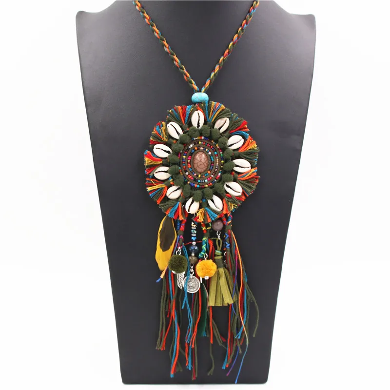 

1PC National Long Necklace With Shell Feather Charms Handmade Leather Rope Measly Maxi Necklace Fine Jewelry