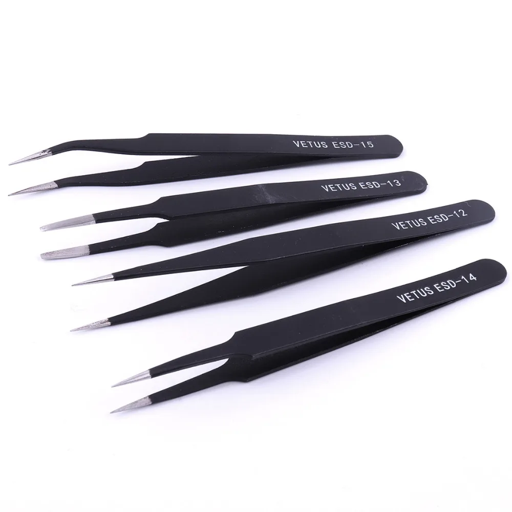 4Pcs Professional ANTI Tweezers tool ESD Tweezer Set Stainless Steel Anti static