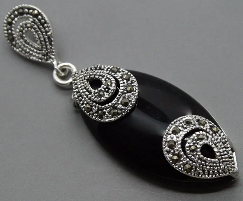 

925 STERLING SILVER BLACK Stone MARCASITE PENDANT 18x40MM
