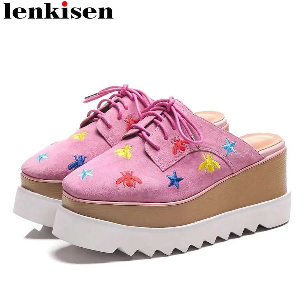 

Lenkisen kid suede beauty embroidery slip on mules wedges platform square toe high bottom bowtie punk fashion runway shoes L34