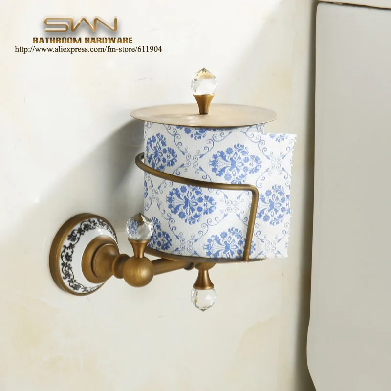 Free Shipping Copper Crystal Bathroom Toliet Tissue Paper Box Antique Brass paper Roll Holder Bathroom Accessaries