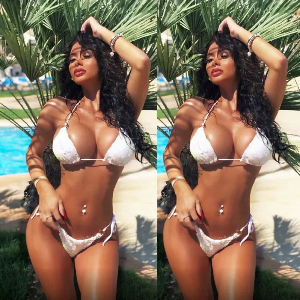 

IMCUTE 2019 Fashion Pink Bandage Swimwear Women Summer Sequins Padded Bikini Set Sexy Two Piece Set