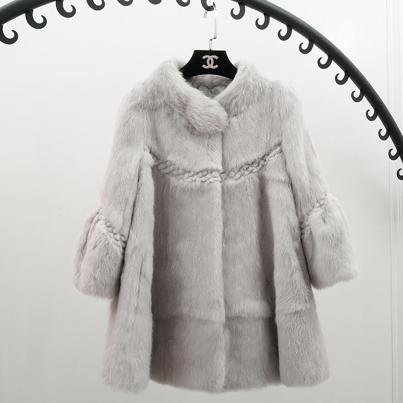 ZDFURS* элегантный воротник-стойка с волнистым вырезом, натуральным кроличьим мехом, пальто, верхняя одежда женская зимняя Свободная куртка из натурального меха - Цвет: light grey