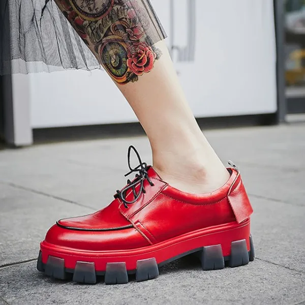 

PXELENA Celebrity Star Women Creepers Chunky Platform Lace Up Genuine Leather Derby Shoes Round Toe 2019 Autumn Spring Red White