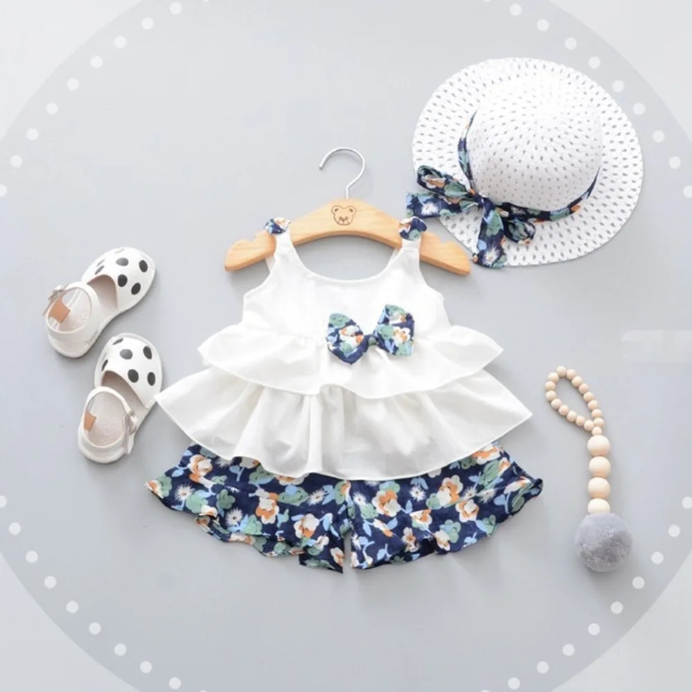 

Girls Summer Outfit Top and Short Clothing Set Beach Flared Sundress and Shorts Set Sleeveless Lace Sling Clothes Sets+Pants+Hat