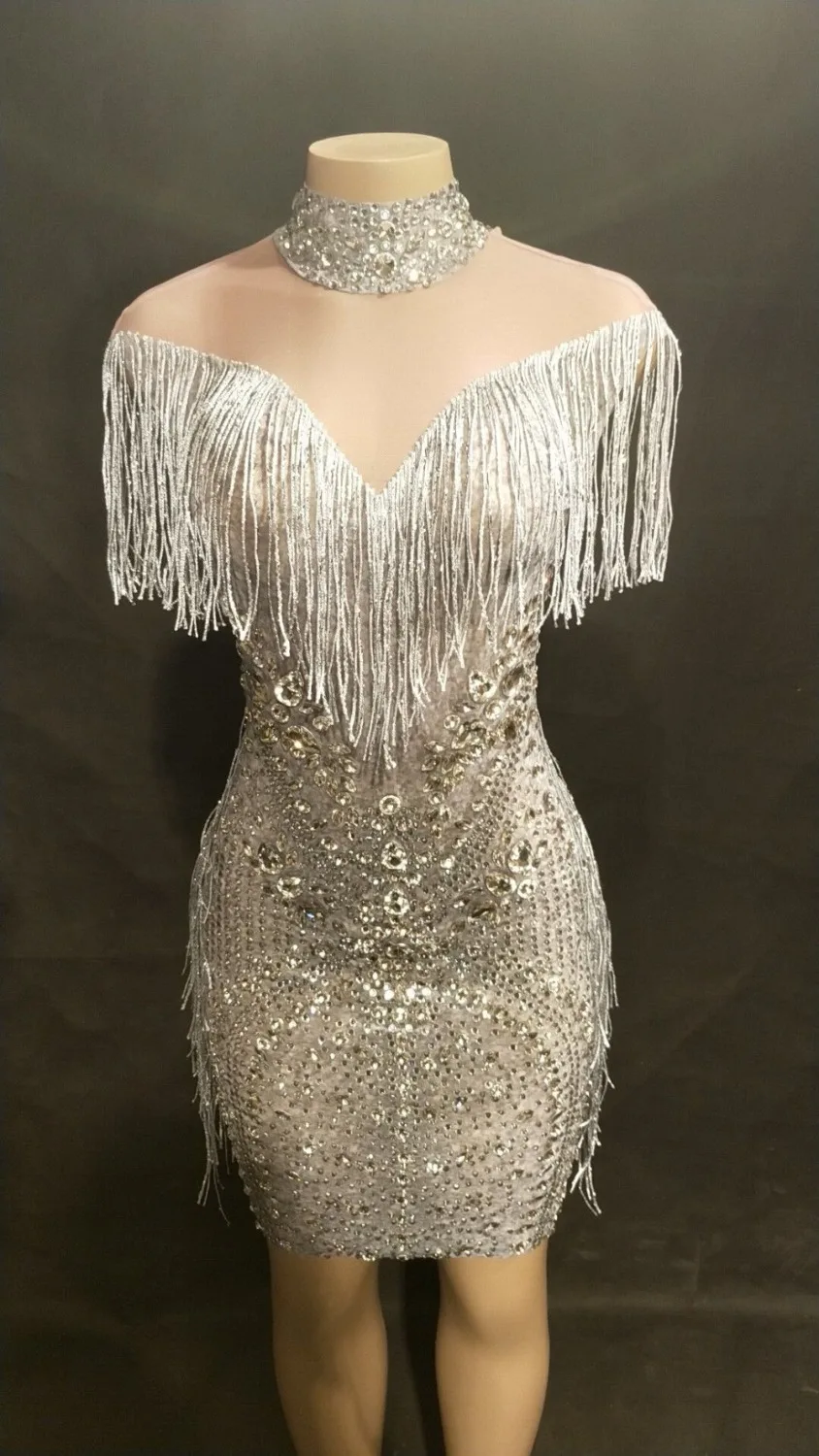 Серебряное платье без рукавов с кисточками, сексуальное платье с кристаллами на день рождения, праздничный танцевальный костюм, женское платье для певицы, YOUDU