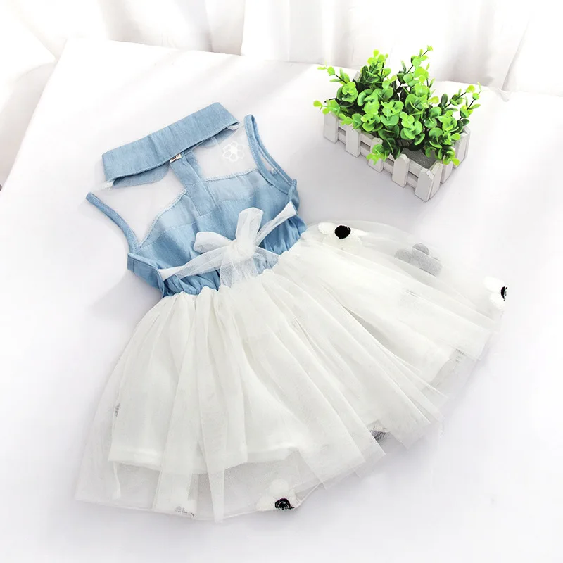 Princess Cute Kids Girls Denim Sleeveless Tops Tulle Tutu Dresses Mini Dresses 2-7Y