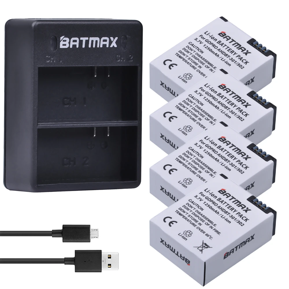 Аккумулятор Batmax AHDBT-301 4 шт. двойное зарядное устройство USB AHDBT-302 для камеры Gopro Hero 3/3