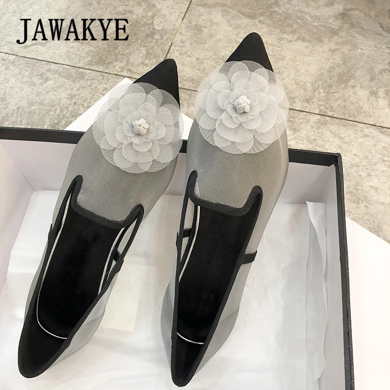 

2019 new Screen Mesh Flats shoes Woman Flowers pointed Patchwork Slip on Clear loafers mules Shoes Casual ballet flats