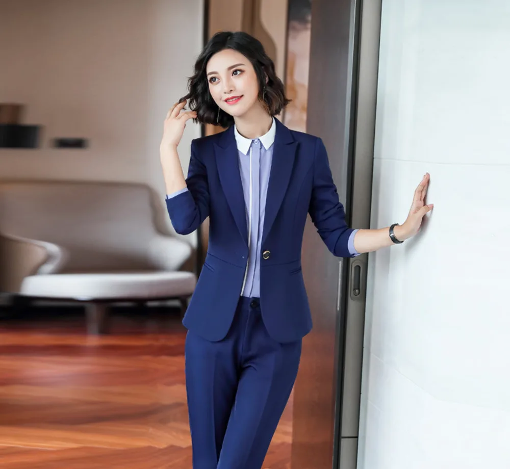 

High Quality 2018 Designer Blazer Women Long Sleeve Button Blazer Jacket Outer Dark Blue Gray Grey Black Office Lady Blaser