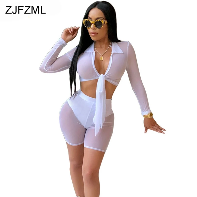 

ZJFZML Mesh See Through Sexy 2 Piece Set Women Deep V Neck Long Sleeve Crop Top+Fitness Shorts Autumn Outfit Two Piece Tracksuit
