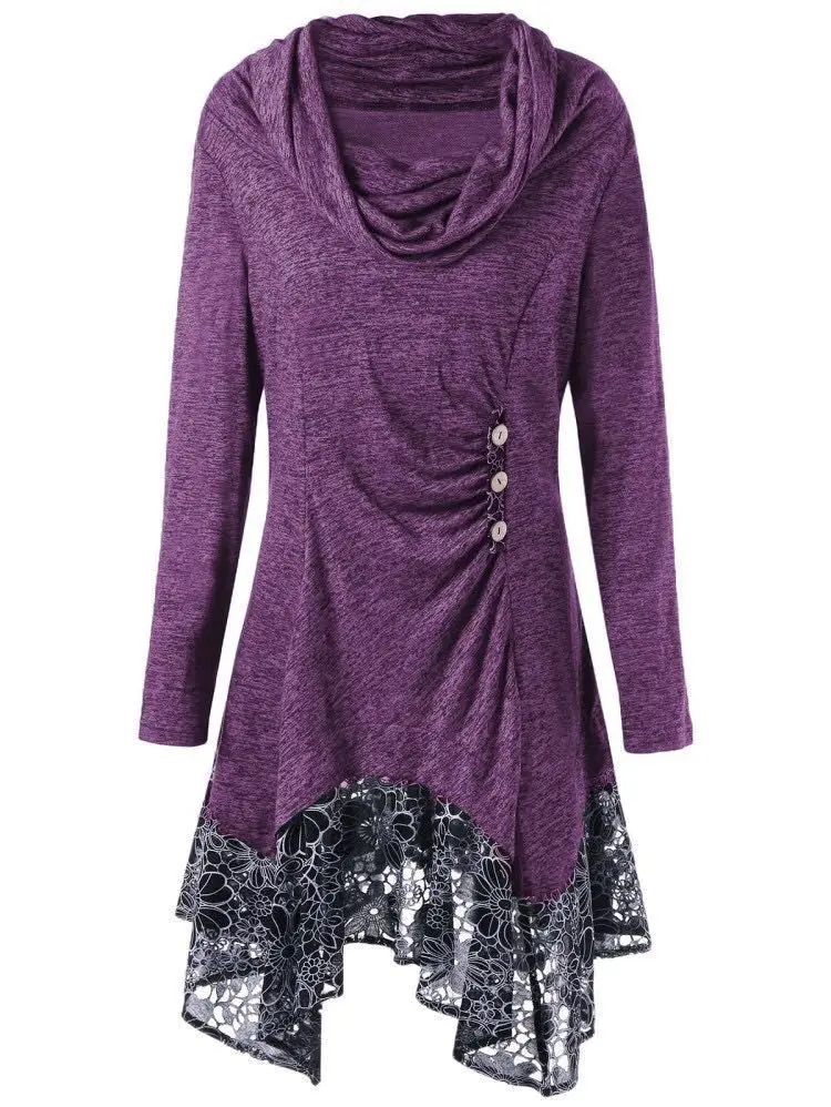 

plus size spring autumn basic lace patchwork new dresses casual comfortable long sleeve asymmetric female dresses