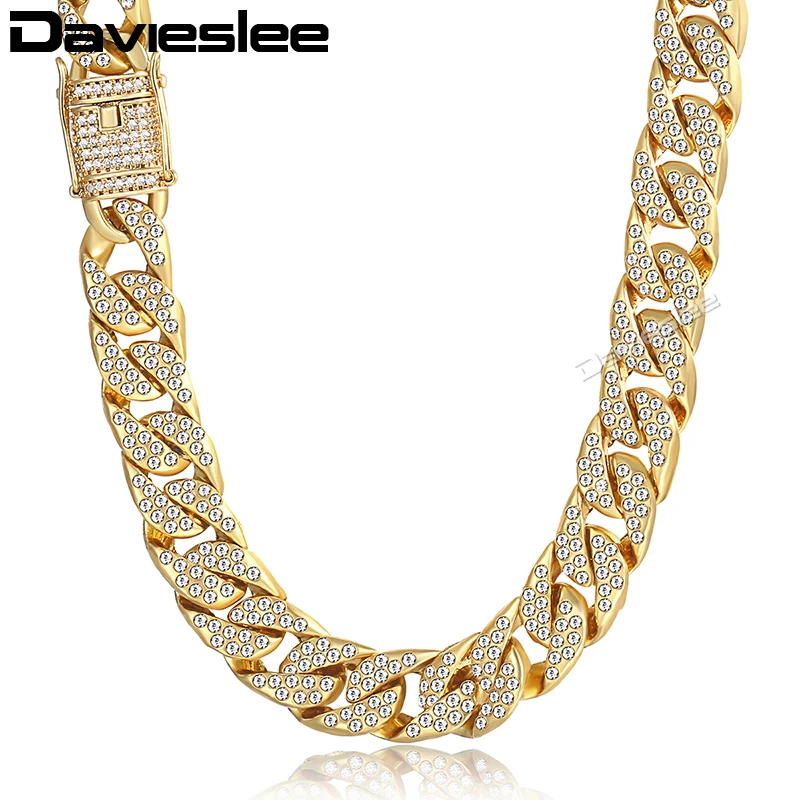 Davieslee Gold Necklace For Men Miami Curb Cuban Chain Necklaces Iced Out Men's Woman Jewelry Dropshipping 14mm LGN455 | Украшения и
