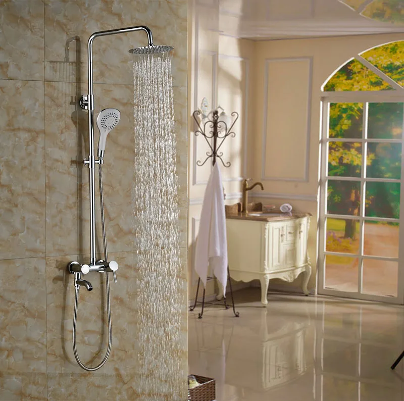 

Bathroom 8" Round Shower Faucet With Hand Shower Chrome Polished Tub Shower Units Wall Mounted
